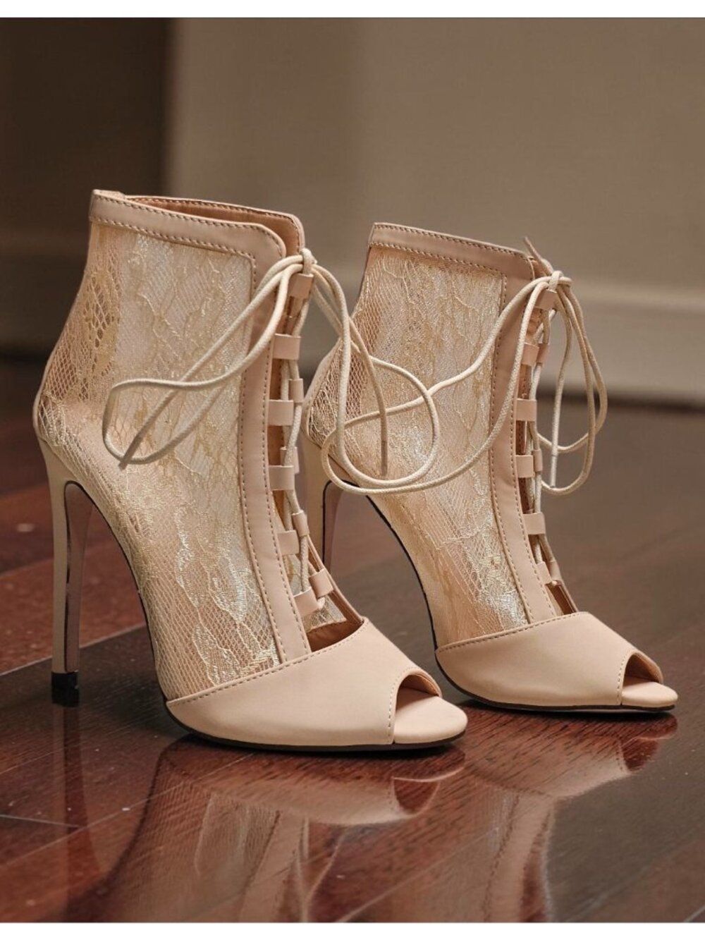 Peep Toe Lace-Up Stiletto Booties With Sheer Lace Panels Nude Beige High Heel An - Picture 5 of 12
